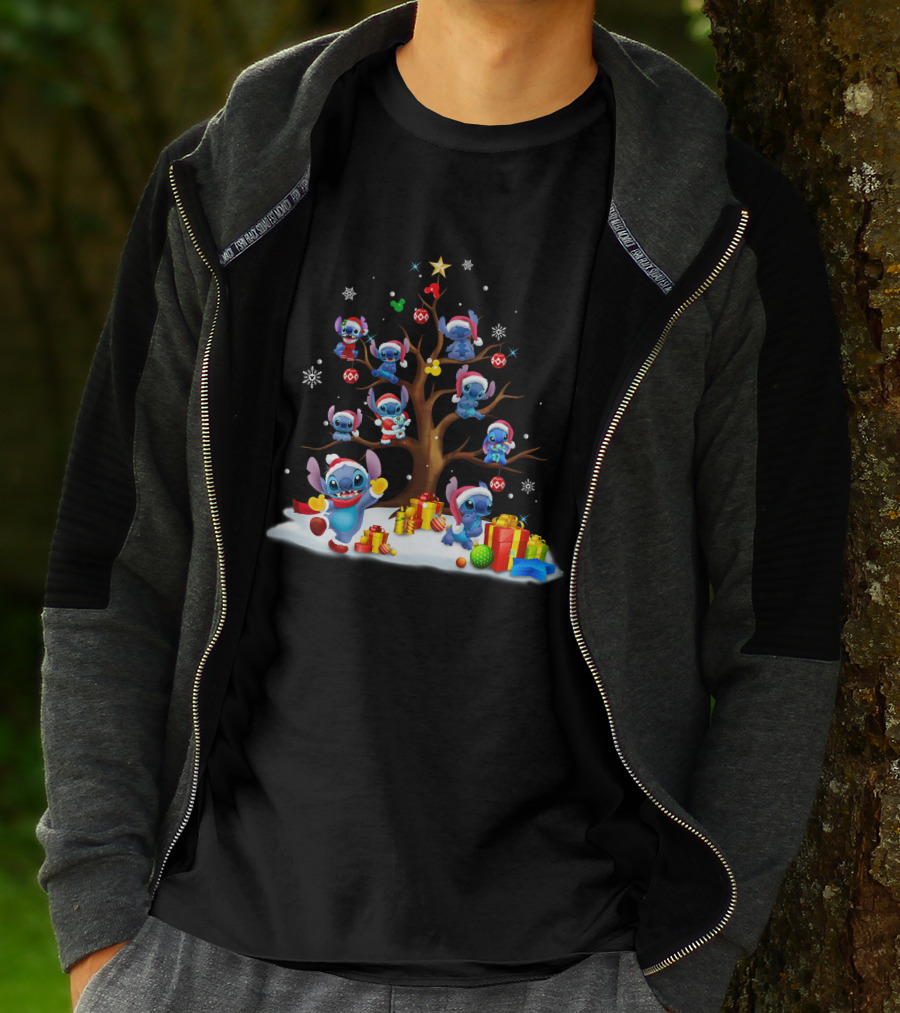 Stitch Christmas Tree With Santa Hats And Gifts T-Shirt