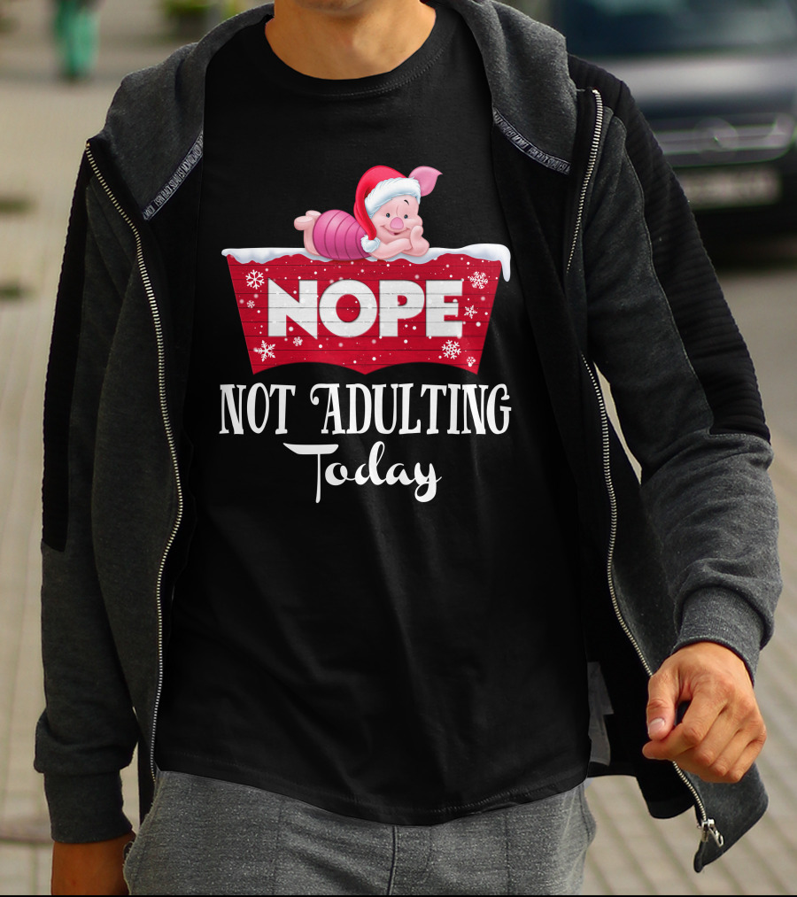 Nope Not Adulting Today Piglet Christmas Santa Hat Snowflakes T-Shirt