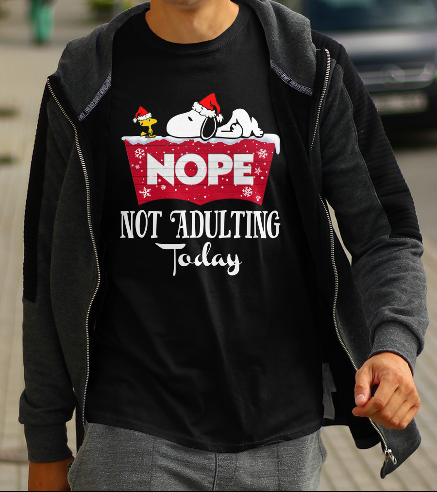Snoopy Nope Not Adulting Today Christmas Santa Hat Snowflakes T-Shirt
