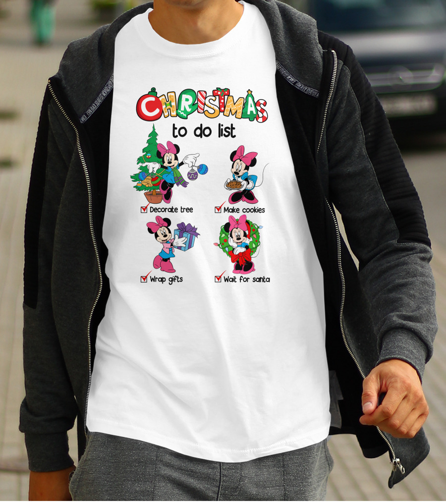 Minnie Christmas To Do List Decorate Tree Make Cookies Wrap Gifts Wait For Santa T-Shirt