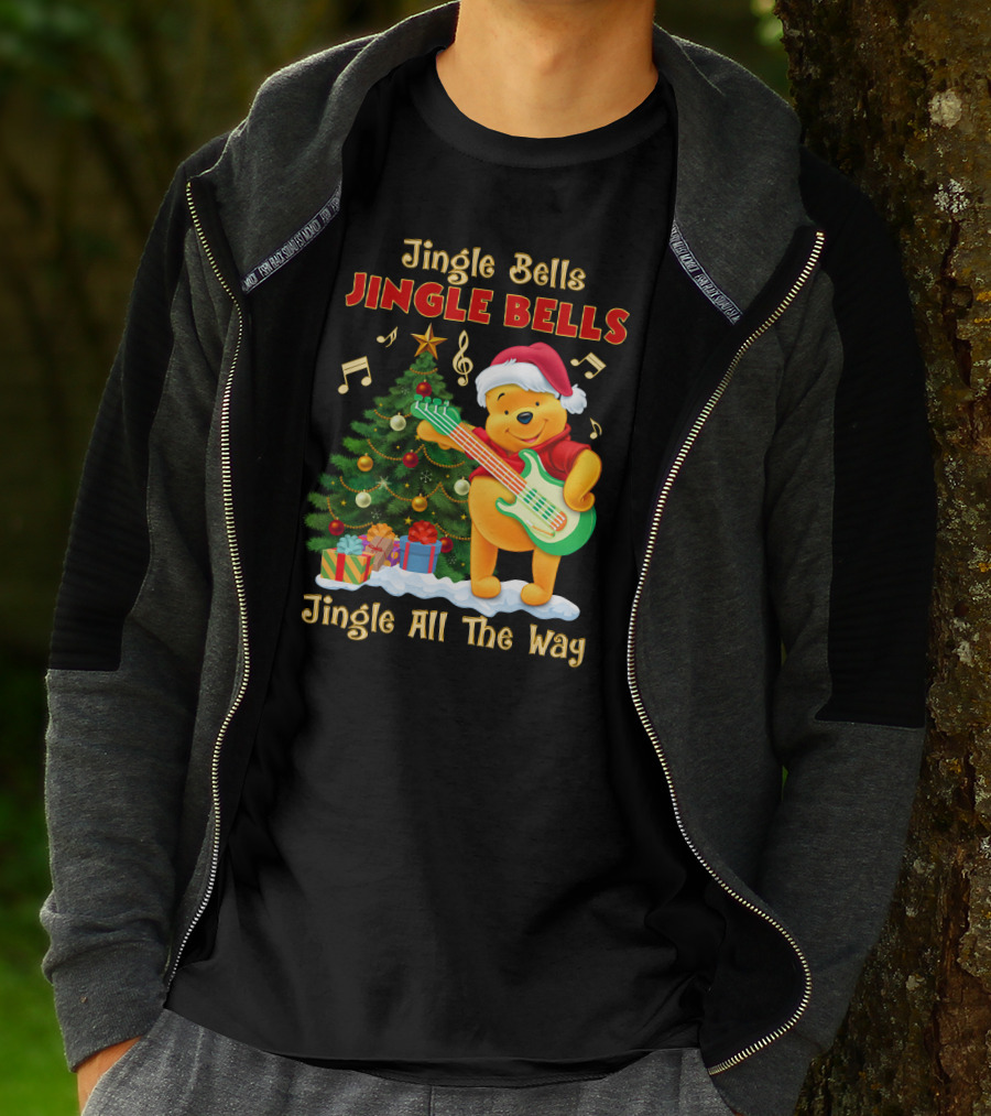 Jingle Bells Jingle Bells Jingle All The Way Christmas Tree Music Notes Pooh Santa Hat Guitar T-Shirt