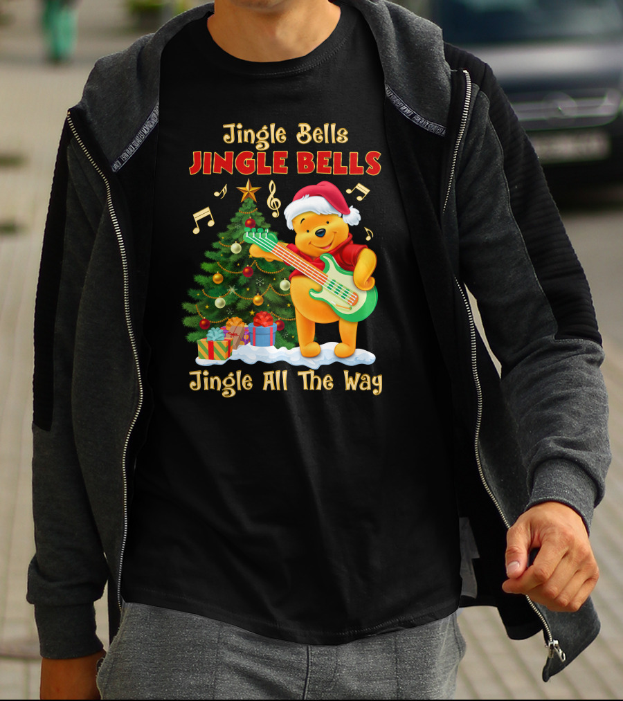 Jingle Bells Jingle Bells Jingle All The Way Christmas Tree Music Notes Pooh Santa Hat Guitar T-Shirt
