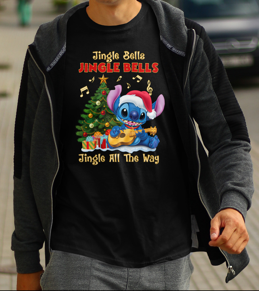 Jingle Bells Jingle Bells Jingle All The Way Stitch Christmas Tree Ukulele T-Shirt
