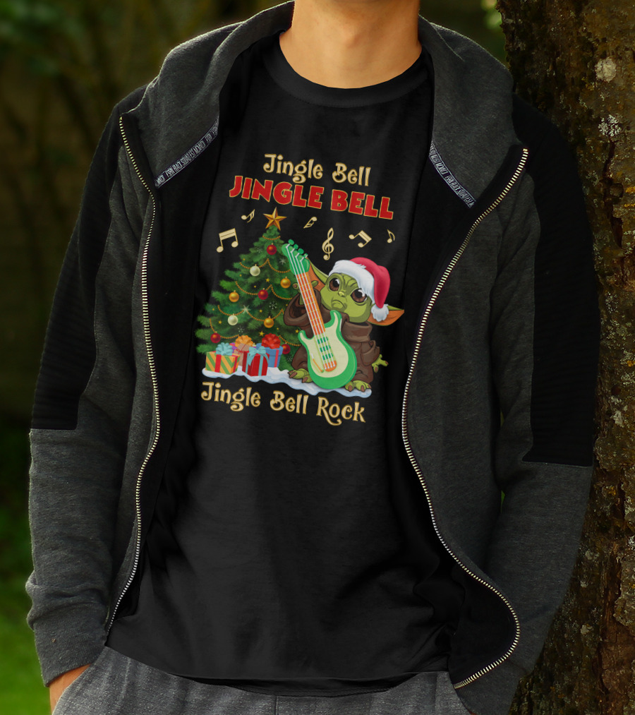 Jingle Bell Jingle Bell Rock Christmas Tree Yoda Santa Hat Guitar Music Notes T-Shirt