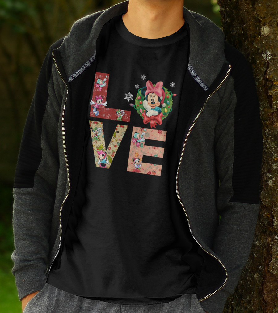 Minnie Mouse Christmas Love Snowflakes Holiday Wreath T-Shirt