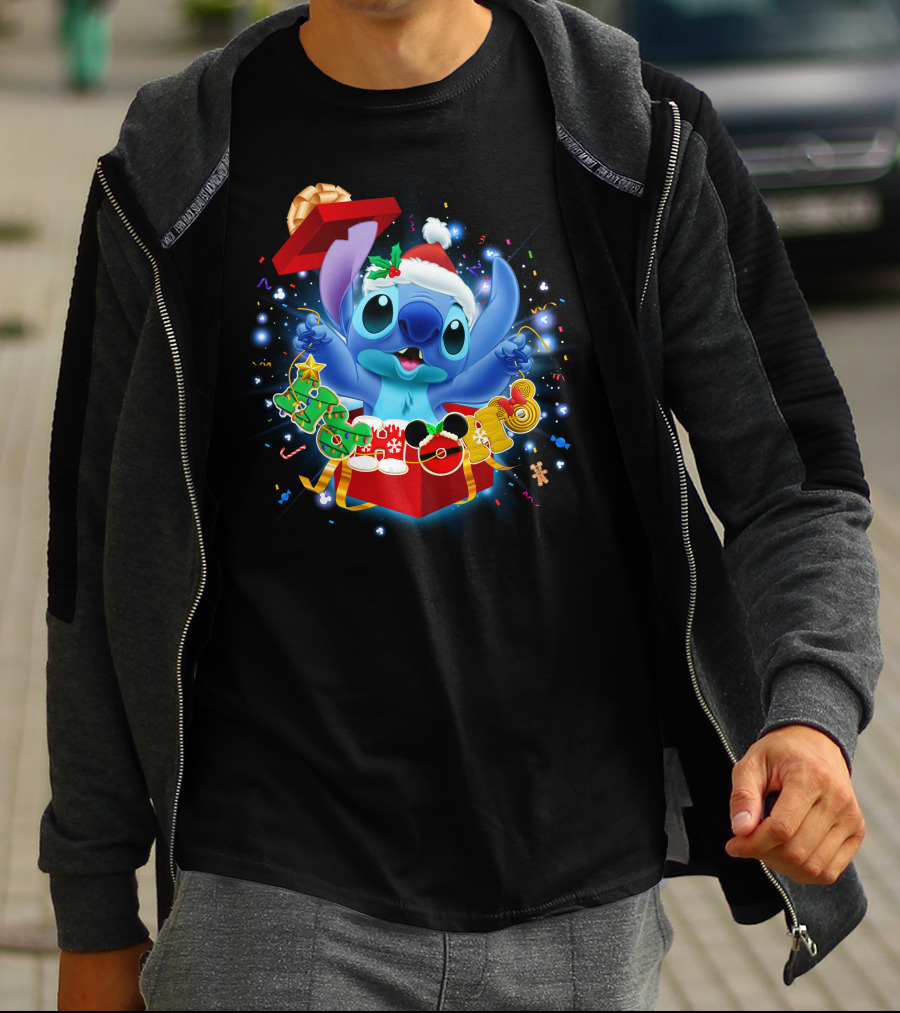 Stitch Christmas Celebration With Santa Hat And Festive Lights T-Shirt