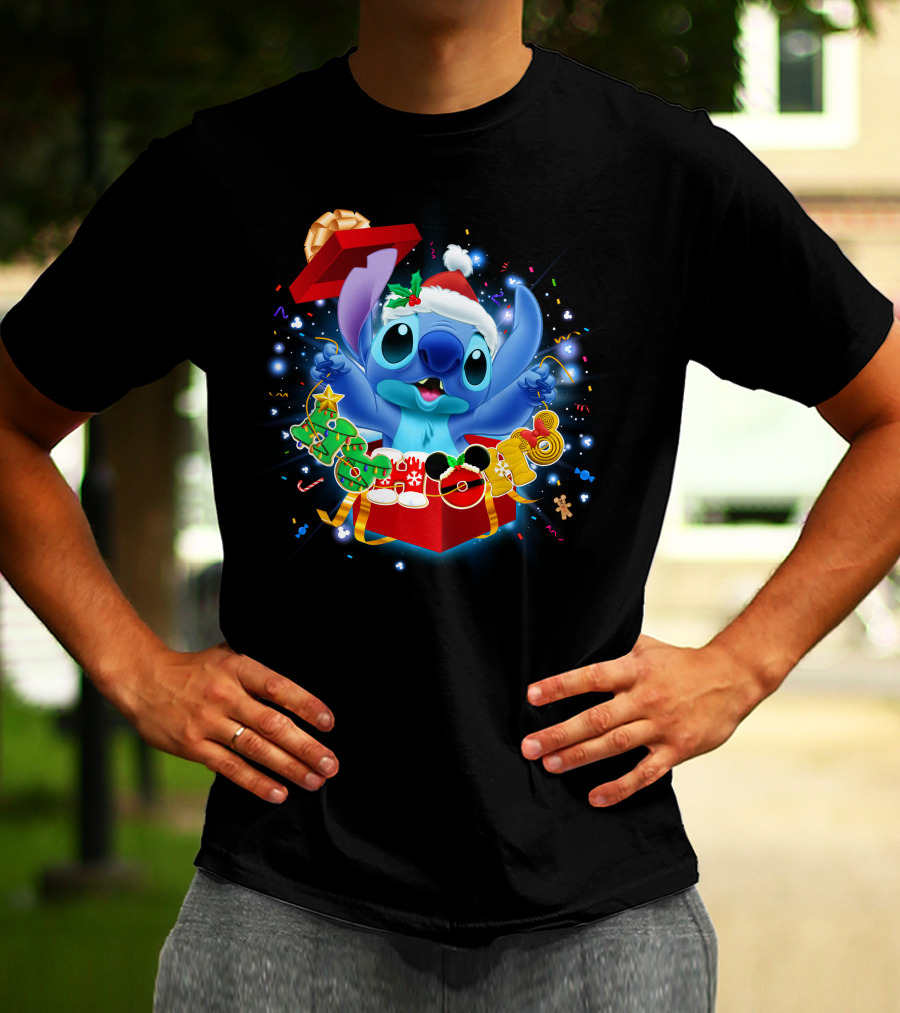 Stitch Christmas Celebration With Santa Hat And Festive Lights T-Shirt