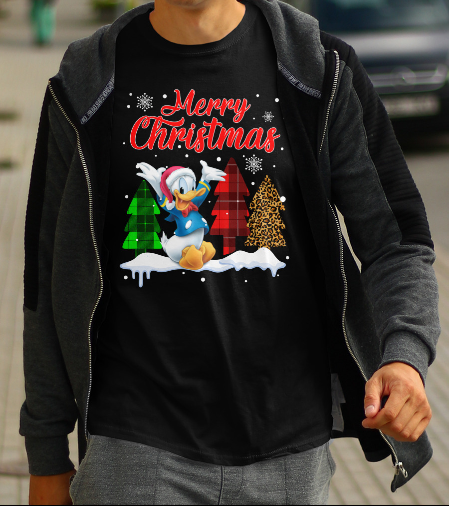 Merry Christmas Donald Duck With Festive Plaid And Leopard Trees T-Shirt