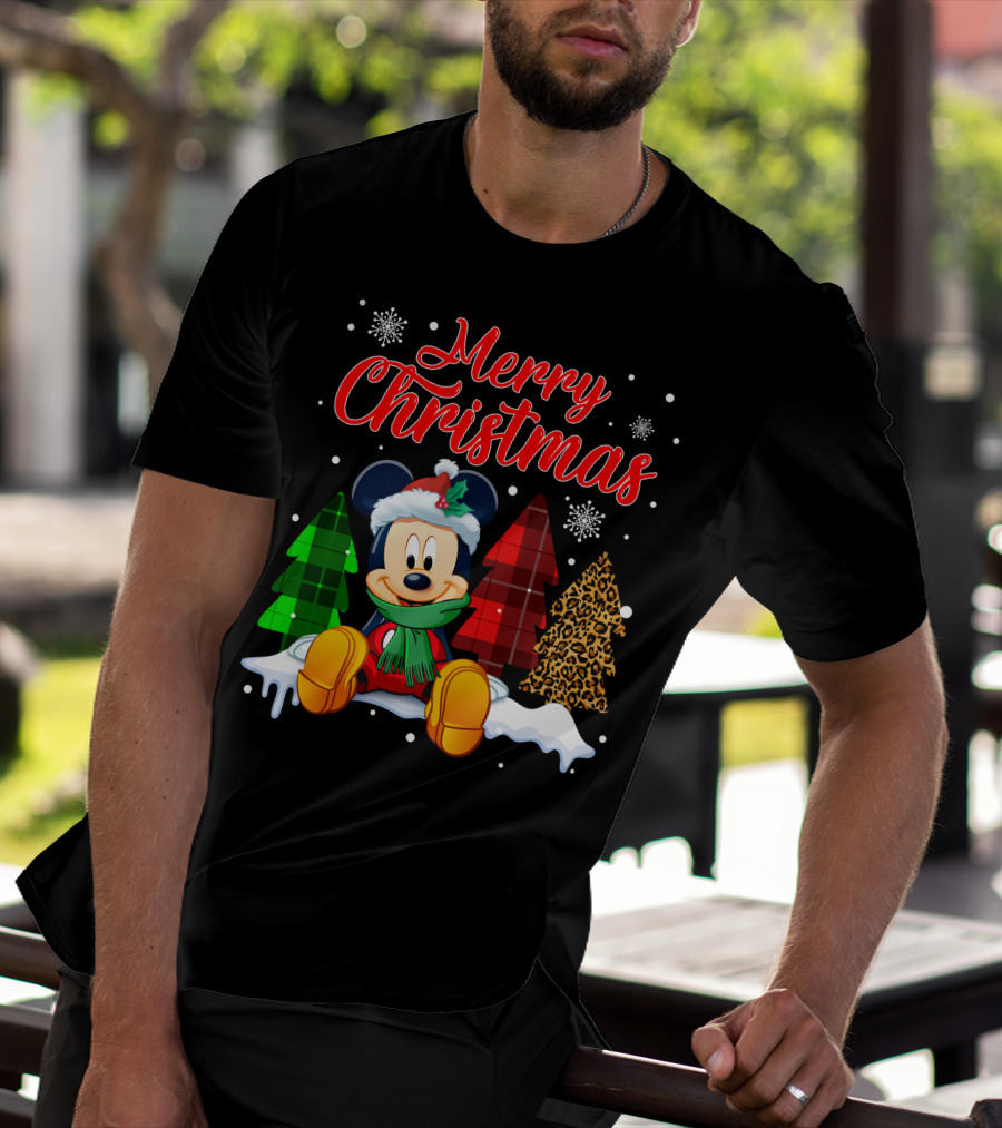 Merry Christmas Mickey Mouse With Plaid And Leopard Trees And Snowflakes T-Shirt