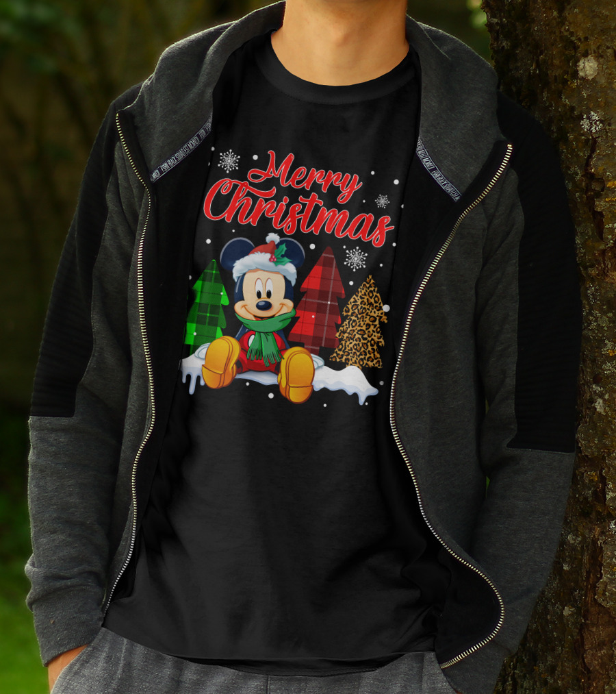 Merry Christmas Mickey Mouse With Plaid And Leopard Trees And Snowflakes T-Shirt