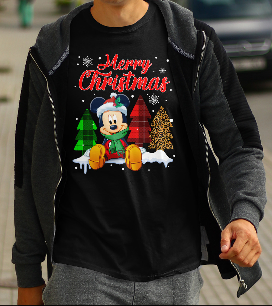 Merry Christmas Mickey Mouse With Plaid And Leopard Trees And Snowflakes T-Shirt