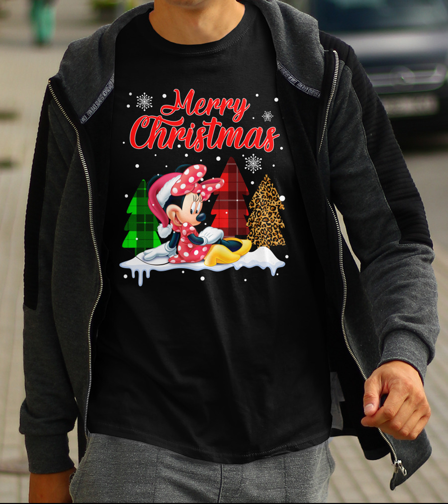 Minnie Merry Christmas Snowflakes Plaid Trees T-Shirt