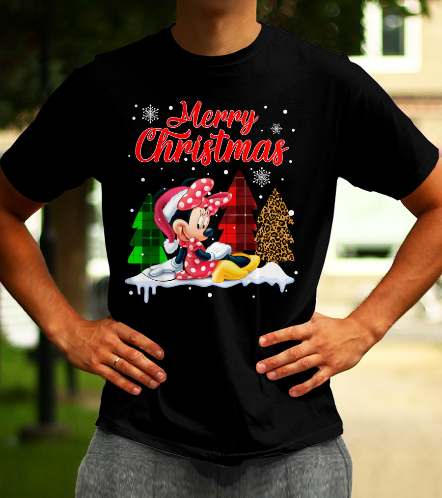 Minnie Merry Christmas Snowflakes Plaid Trees T-Shirt