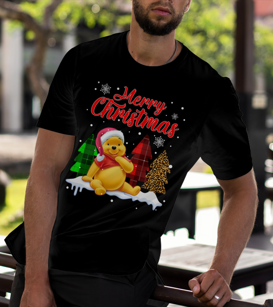 Merry Christmas Pooh Snowflakes Plaid Trees Santa Hat T-Shirt
