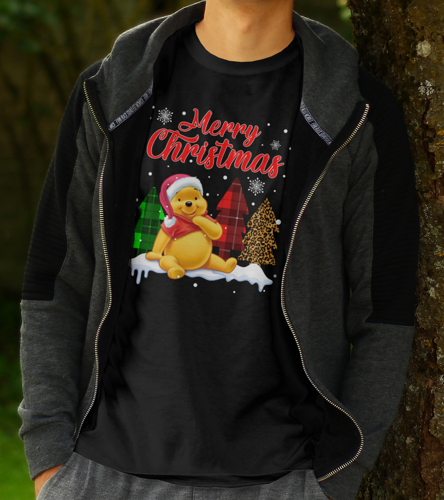 Merry Christmas Pooh Snowflakes Plaid Trees Santa Hat T-Shirt