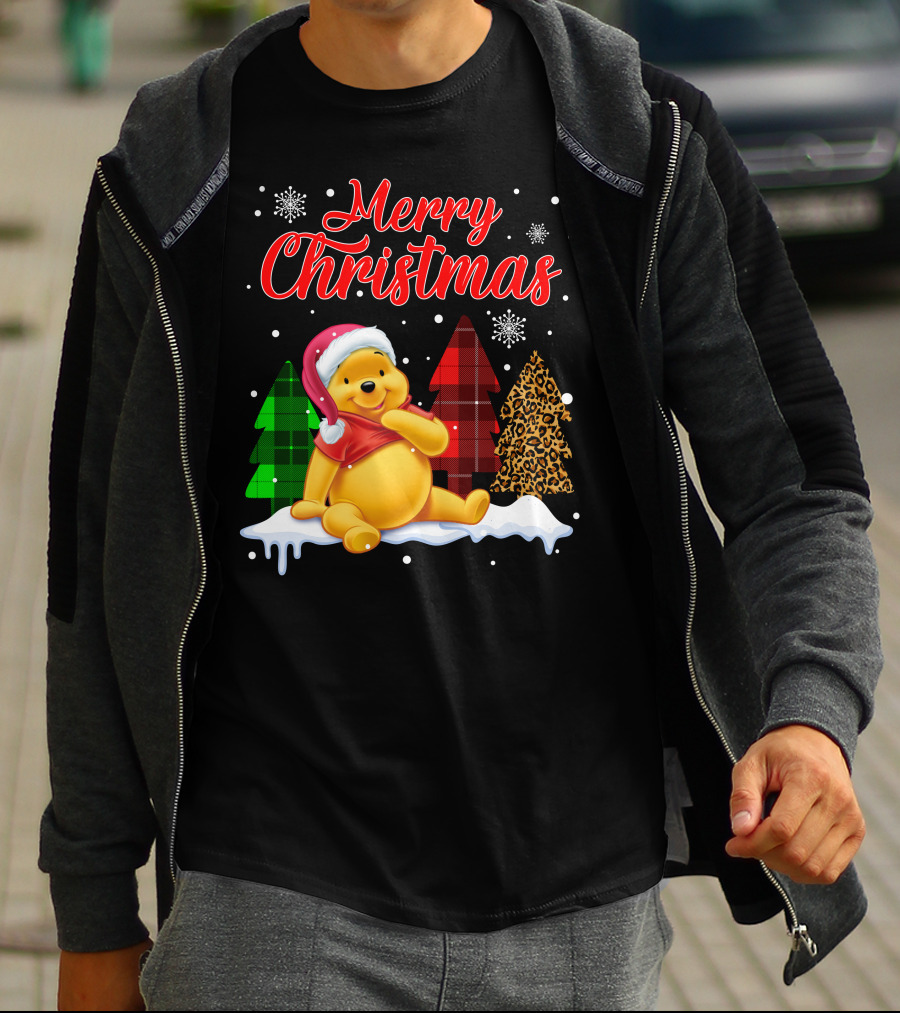 Merry Christmas Pooh Snowflakes Plaid Trees Santa Hat T-Shirt