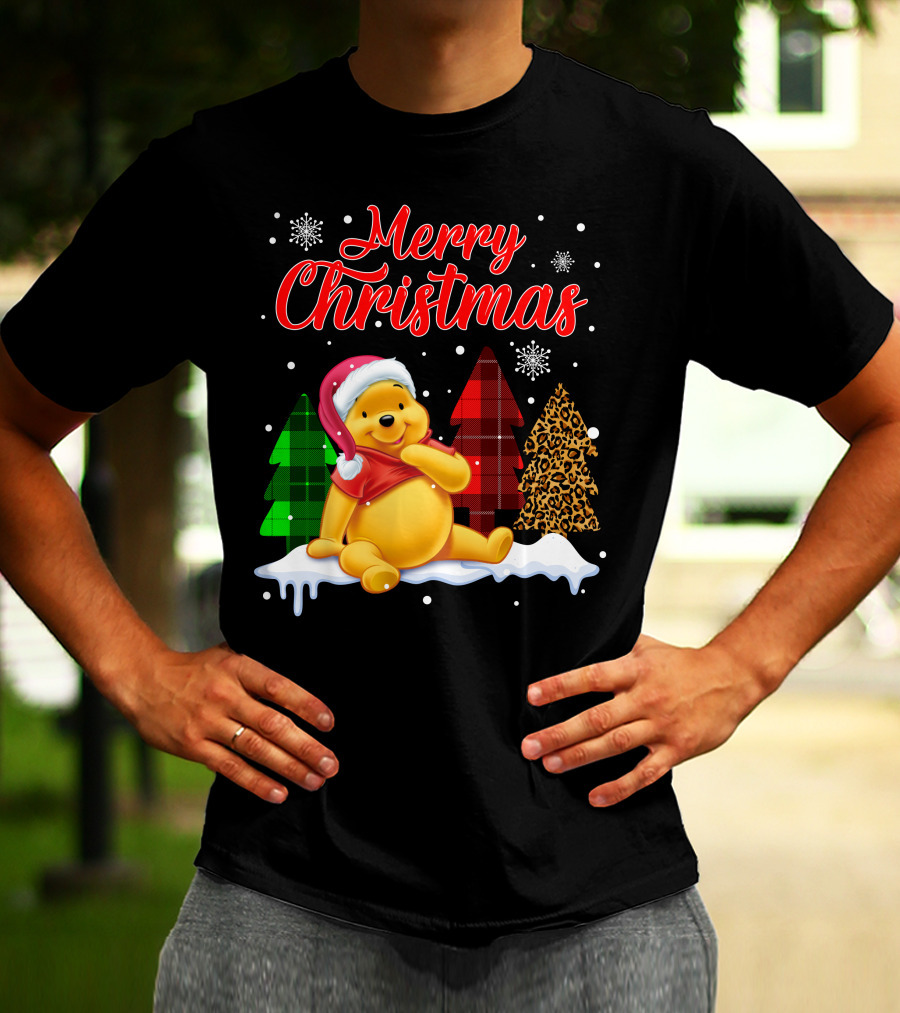 Merry Christmas Pooh Snowflakes Plaid Trees Santa Hat T-Shirt