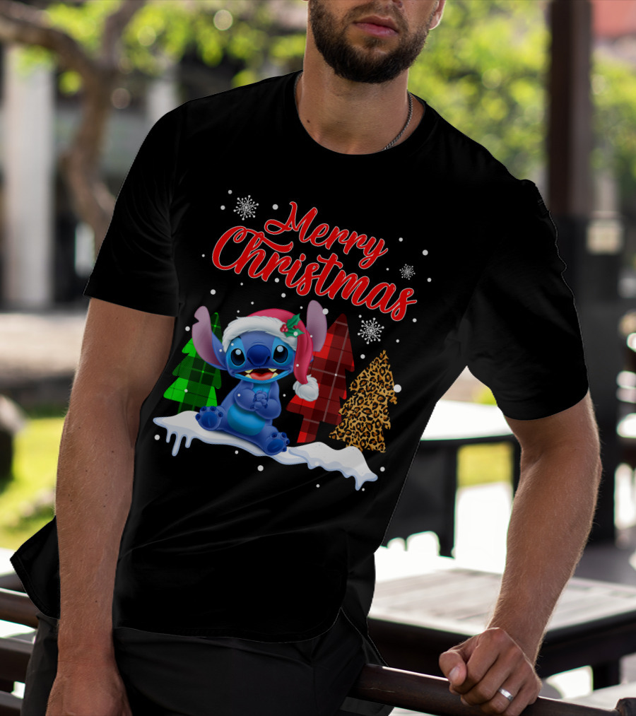 Merry Christmas Stitch Santa Hat Snow Plaid Trees T-Shirt