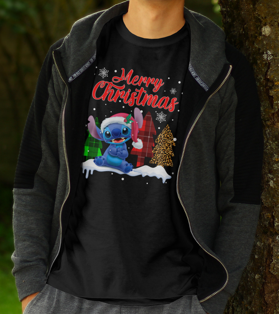 Merry Christmas Stitch Santa Hat Snow Plaid Trees T-Shirt
