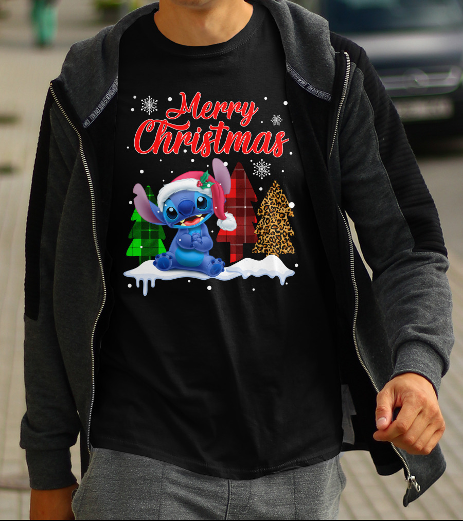 Merry Christmas Stitch Santa Hat Snow Plaid Trees T-Shirt