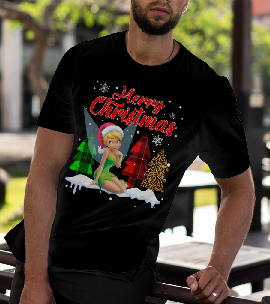 Merry Christmas Tinkerbell Santa Hat Plaid And Leopard Trees Snowflakes T-Shirt