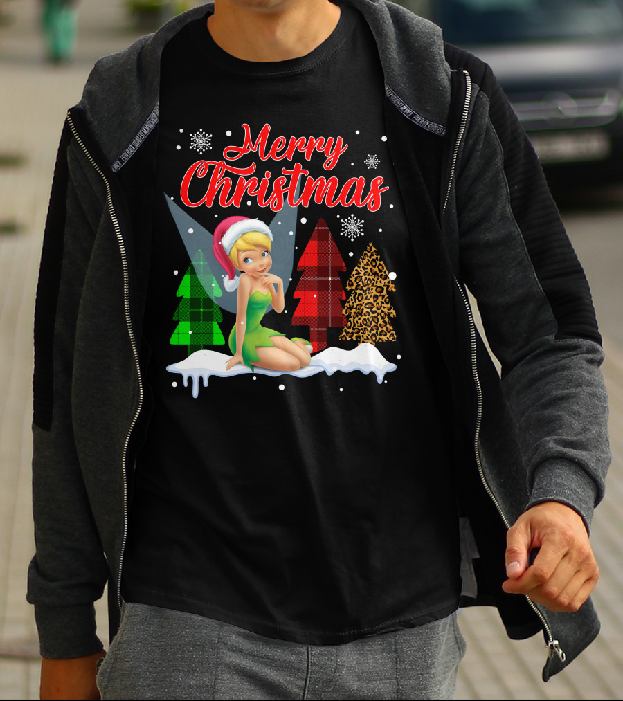 Merry Christmas Tinkerbell Santa Hat Plaid And Leopard Trees Snowflakes T-Shirt