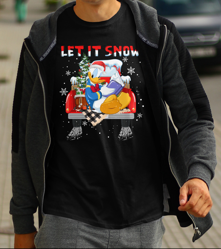 Let It Snow Donald Santa Hat Reading Winter Snowflakes Christmas Tree Red Truck T-Shirt