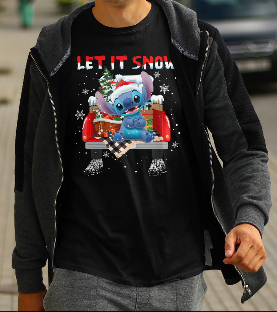 Let It Snow Stitch Christmas Santa Truck Snowflakes T-Shirt