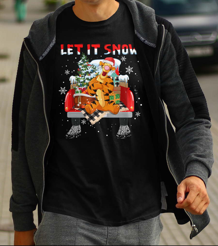 Tigger Let It Snow Christmas Tree And Presents In Snowy Red Truck T-Shirt
