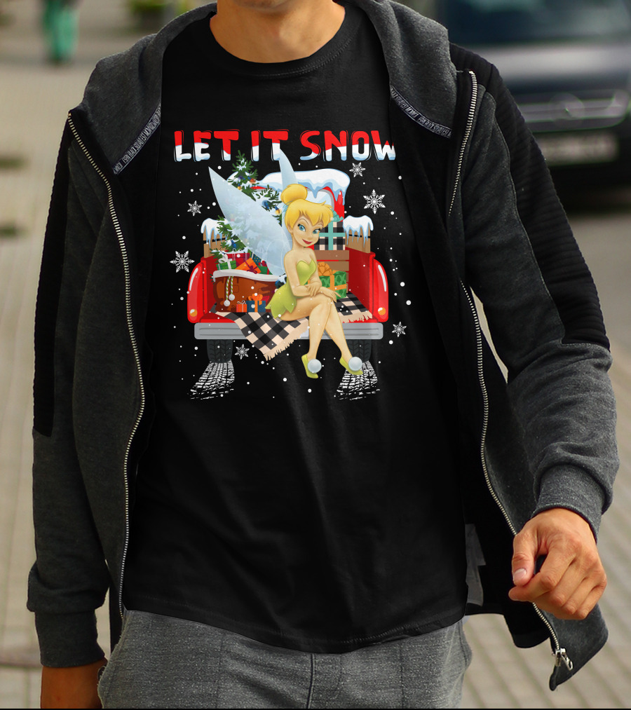 Let It Snow Tinkerbell Sitting On Truck With Gifts And Snowflakes T-Shirt