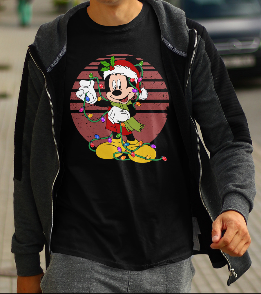 Mickey Mouse Christmas Lights Santa Hat Holiday T-Shirt