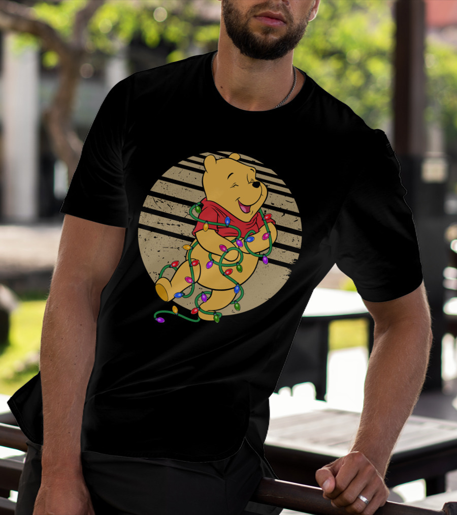 Pooh Wrapped In Christmas Lights And Stripes T-Shirt