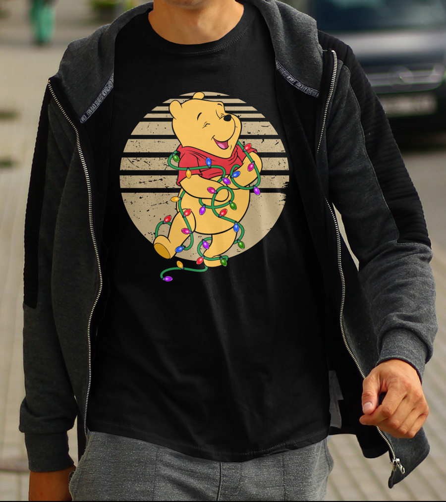 Pooh Wrapped In Christmas Lights And Stripes T-Shirt