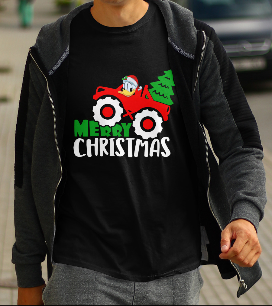 Merry Christmas Donald Duck Monster Truck Santa Hat Holiday Tree T-Shirt