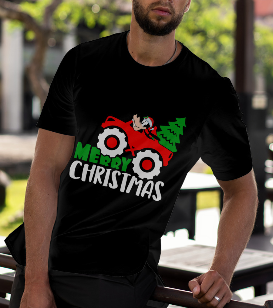 Merry Christmas Goofy In Santa Hat On Red Tractor With Christmas Tree T-Shirt