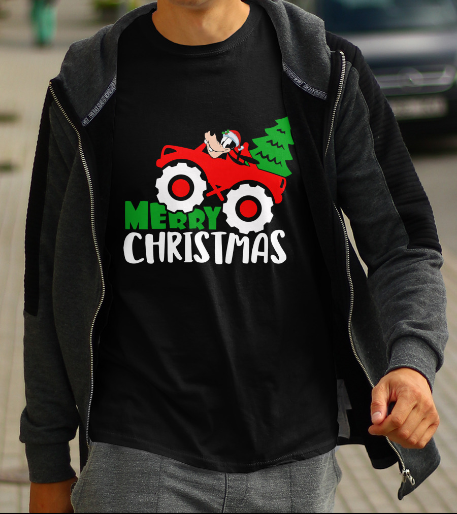 Merry Christmas Goofy In Santa Hat On Red Tractor With Christmas Tree T-Shirt