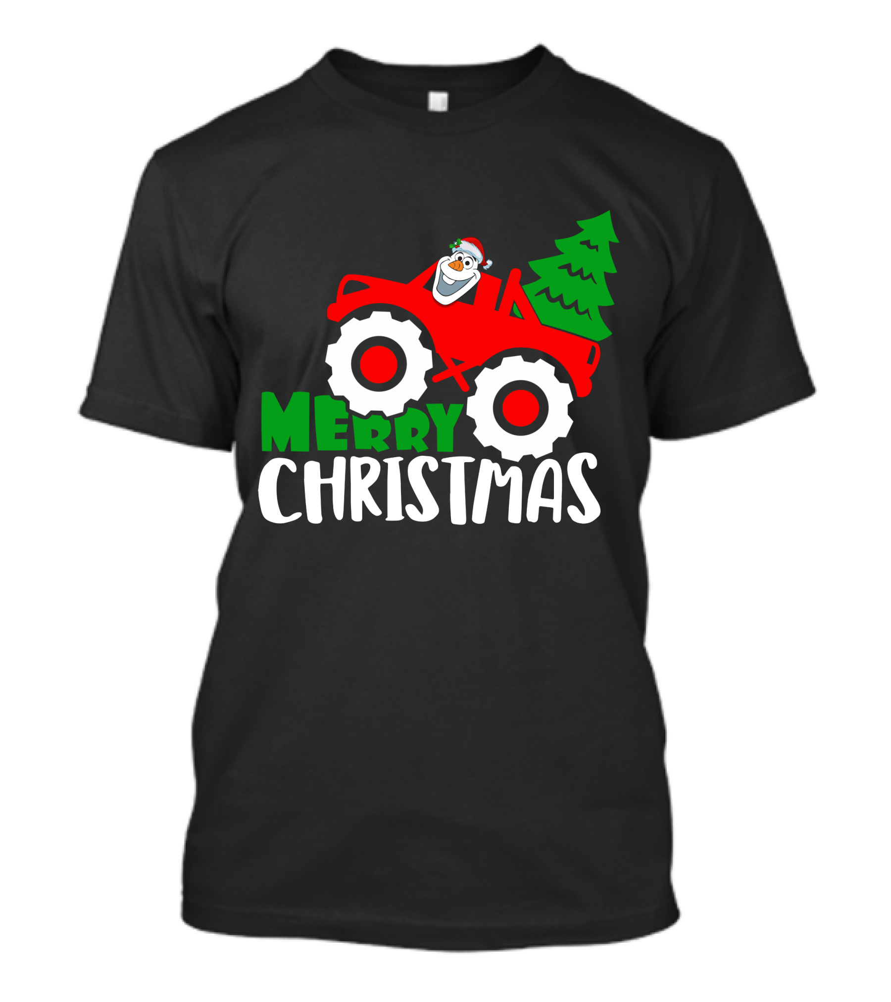Merry Christmas Olaf Monster Truck With Santa Hat And Christmas Tree T-Shirt