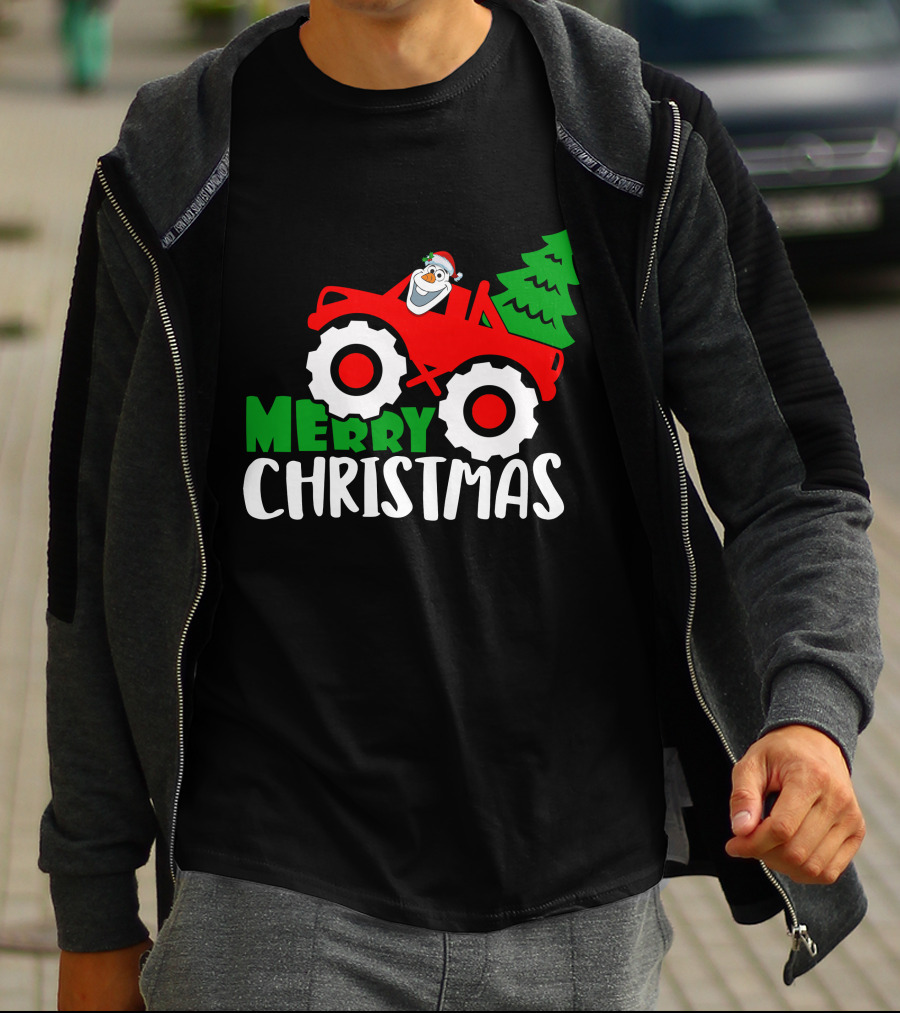 Merry Christmas Olaf Monster Truck With Santa Hat And Christmas Tree T-Shirt