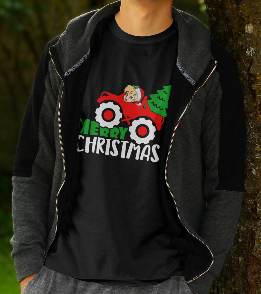Merry Christmas Tinkerbell In Santa Hat Riding Tractor With Christmas Tree T-Shirt