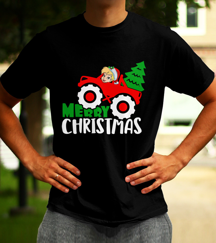 Merry Christmas Tinkerbell In Santa Hat Riding Tractor With Christmas Tree T-Shirt