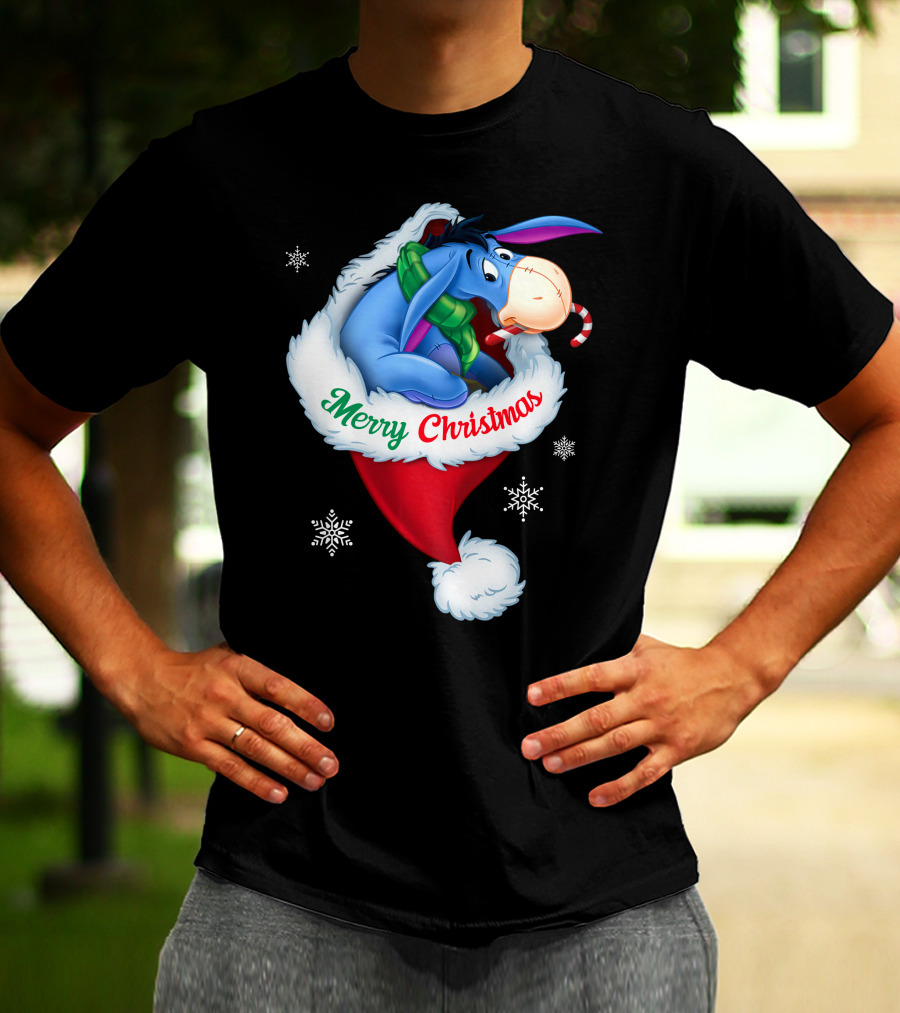 Eeyore Merry Christmas Santa Hat Snowflakes T-Shirt