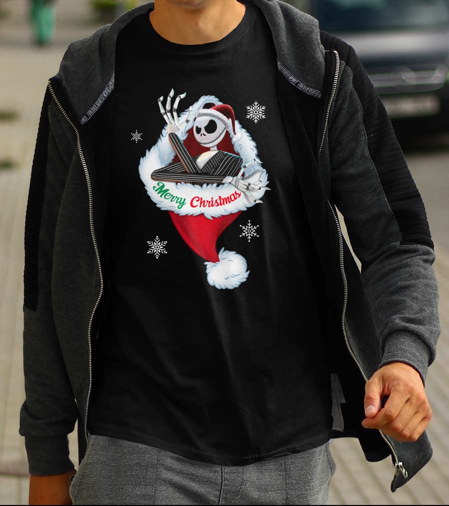 Jack Skellington Merry Christmas Santa Hat Snowflakes T-Shirt