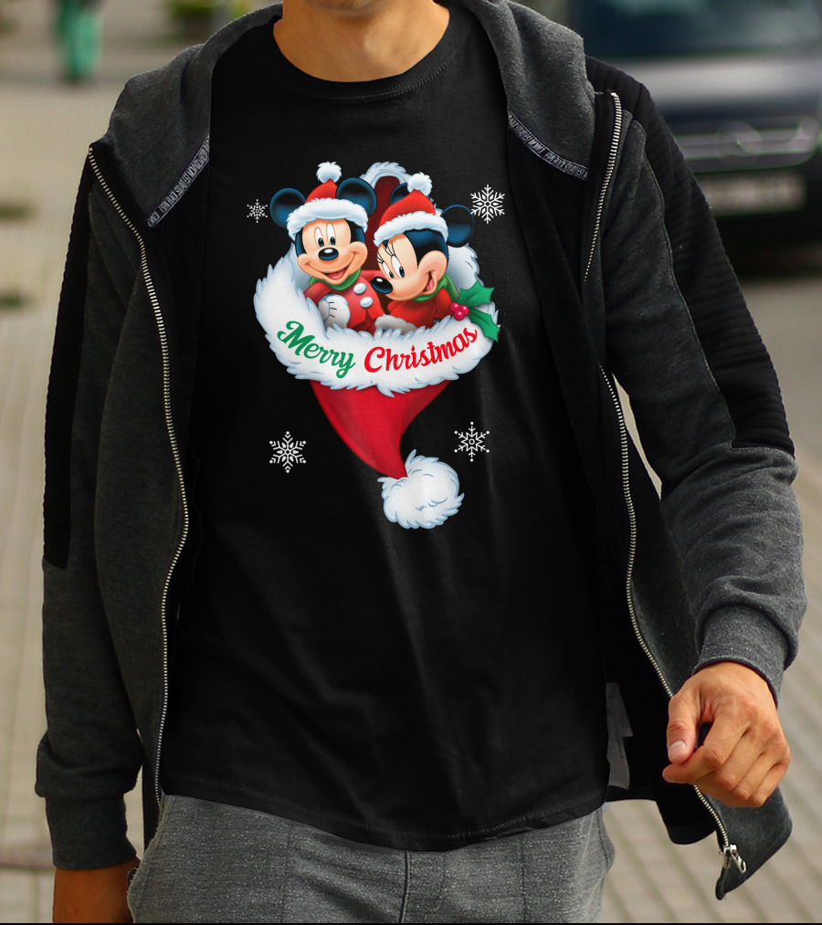 Merry Christmas Mickey Minnie Santa Hat Snowflakes T-Shirt