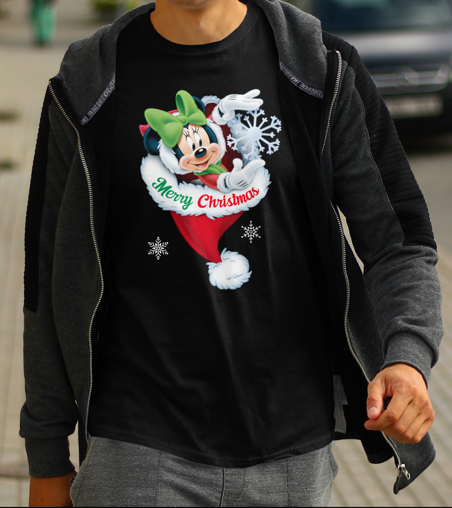 Minnie Mouse Merry Christmas Santa Hat Snowflakes T-Shirt