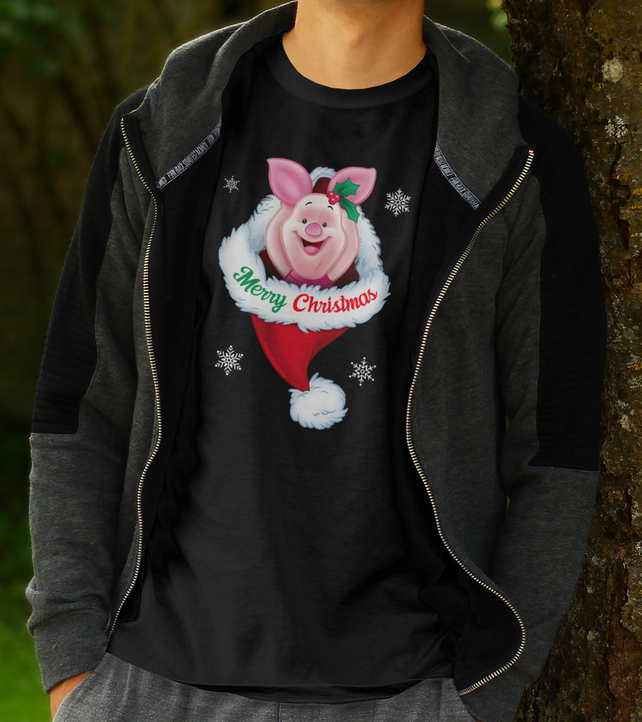 Piglet Merry Christmas Holiday Santa Hat Snowflakes T-Shirt