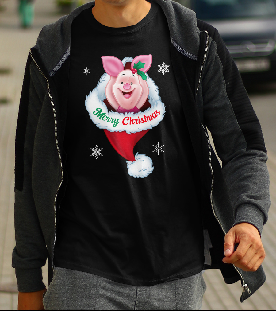 Piglet Merry Christmas Holiday Santa Hat Snowflakes T-Shirt