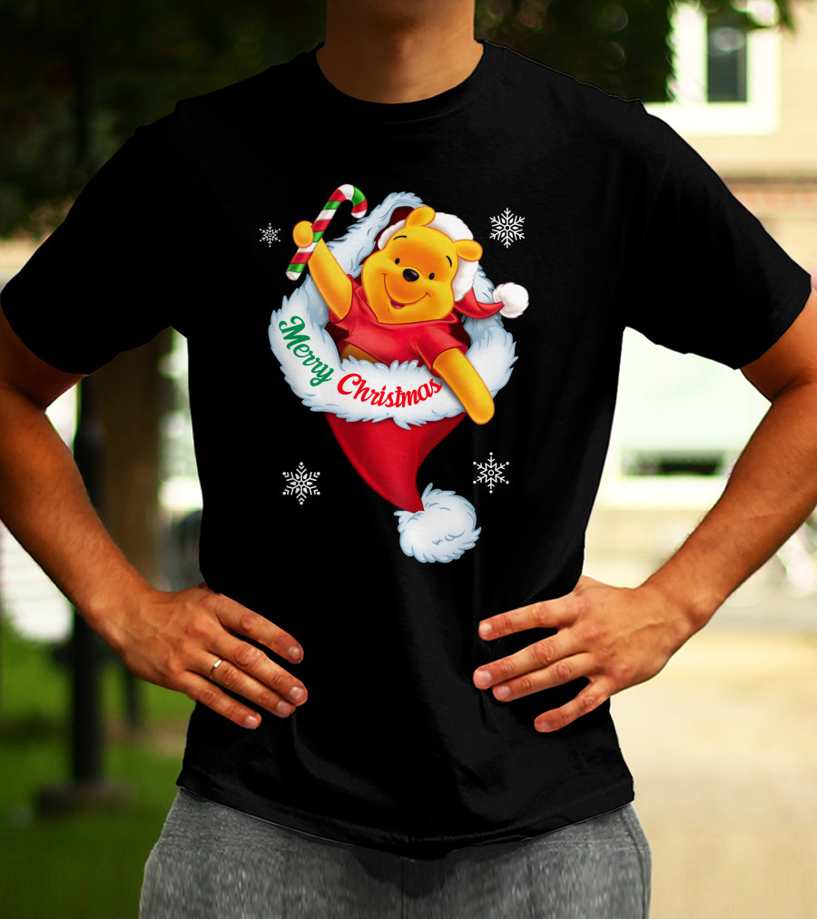 Winnie The Pooh Merry Christmas Santa Hat Candy Cane T-Shirt