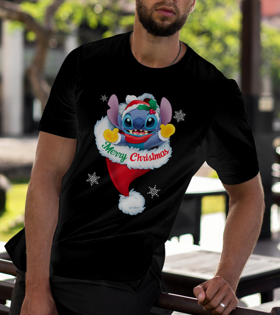 Merry Christmas Stitch Santa Hat Snowflakes T-Shirt