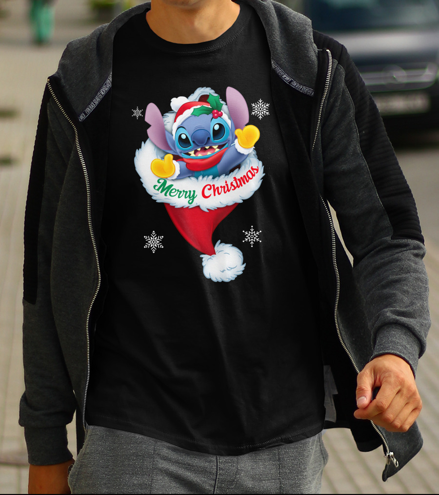 Merry Christmas Stitch Santa Hat Snowflakes T-Shirt