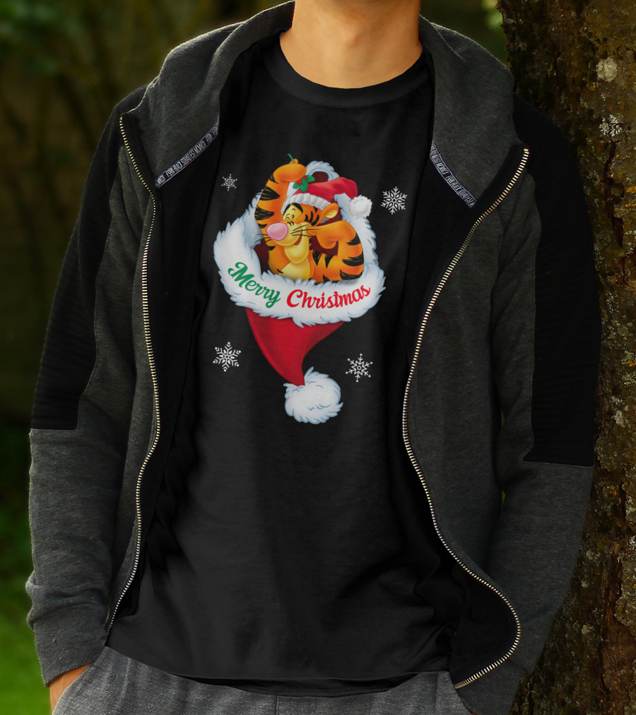 Merry Christmas Tigger Santa Hat Snowflakes T-Shirt